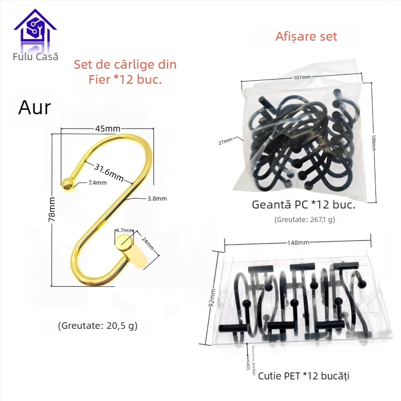 Cârlig metalic pentru perdele, design cilindric în formă T-S, stil modern minimalist, fu'luo