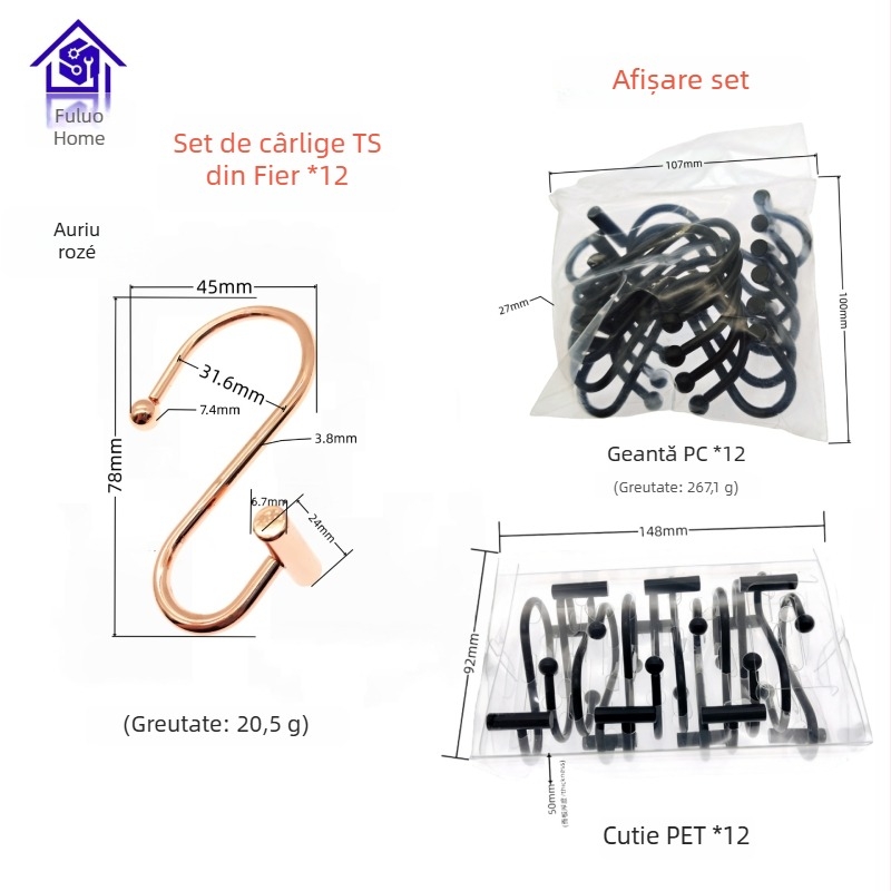 Cârlig metalic pentru perdele, design cilindric în formă T-S, stil modern minimalist, fu'luo