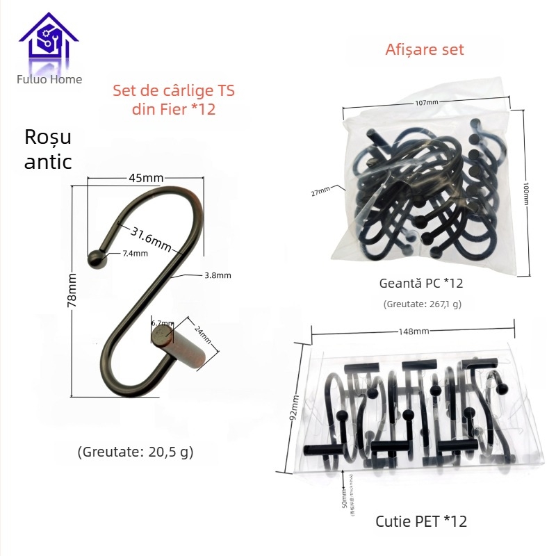 Cârlig metalic pentru perdele, design cilindric în formă T-S, stil modern minimalist, fu'luo