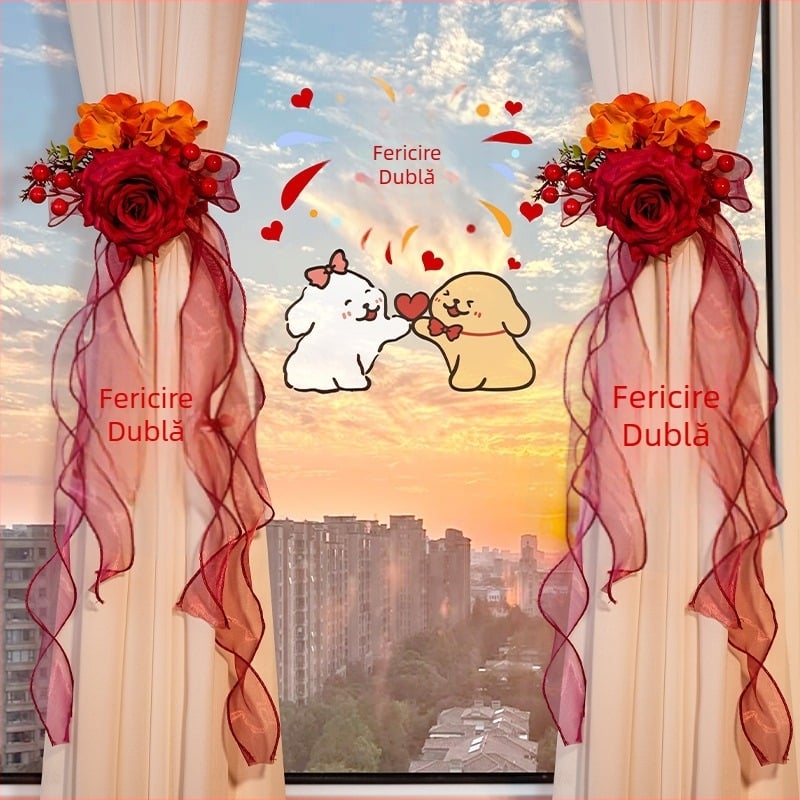 Accesorii pentru decorul camerei de nuntă: suport pentru perdele cu pandantiv fericire dublă; Material: panglică; Brand: Flower spark red; Cod produs: 2015712; Ambalare: Opp bag