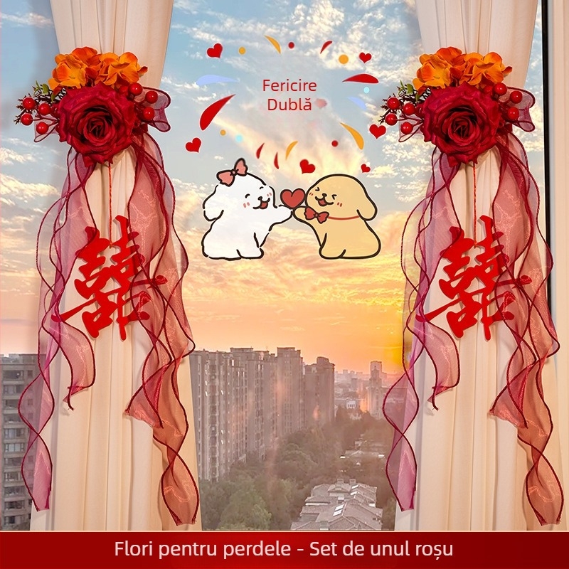 Accesorii pentru decorul camerei de nuntă: suport pentru perdele cu pandantiv fericire dublă; Material: panglică; Brand: Flower spark red; Cod produs: 2015712; Ambalare: Opp bag