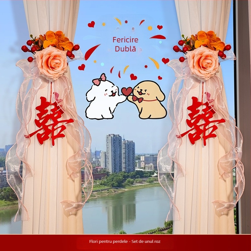 Accesorii pentru decorul camerei de nuntă: suport pentru perdele cu pandantiv fericire dublă; Material: panglică; Brand: Flower spark red; Cod produs: 2015712; Ambalare: Opp bag