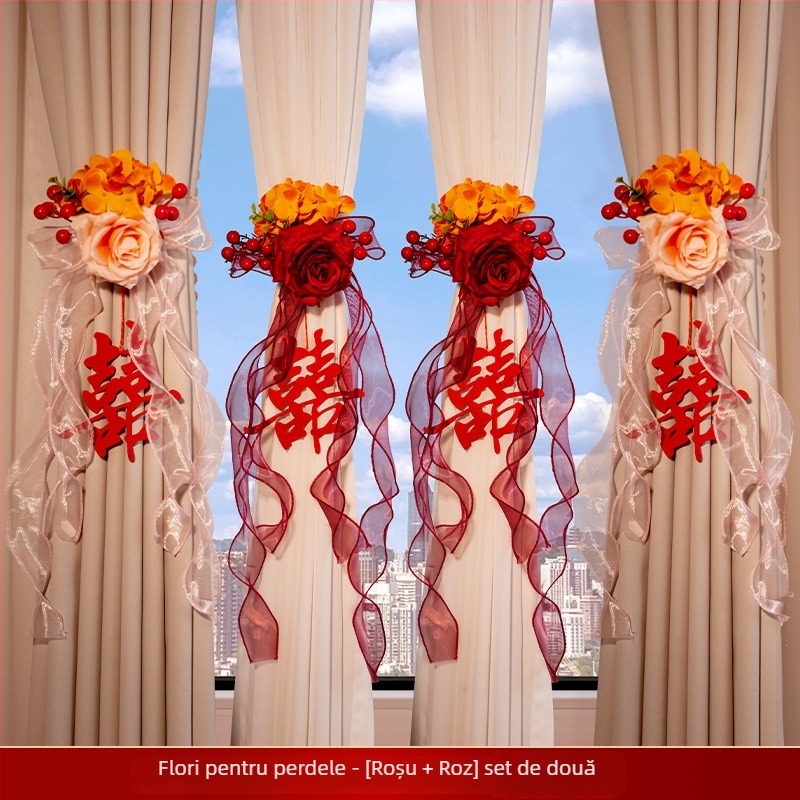 Accesorii pentru decorul camerei de nuntă: suport pentru perdele cu pandantiv fericire dublă; Material: panglică; Brand: Flower spark red; Cod produs: 2015712; Ambalare: Opp bag