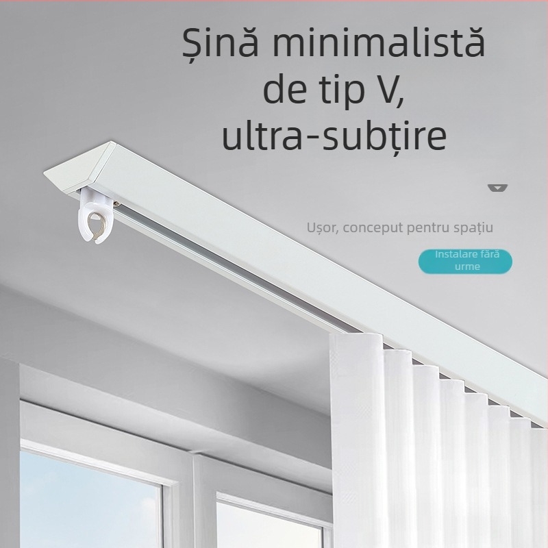 JFL-V01 Șină de perdeu din aluminiu ultra-subțire, Design ascuns în formă de V, Lux ușor pentru suspensie, cu etanșare, rotiță și adeziv