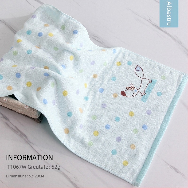 Prosop pentru copii din bumbac 100%, țesătură dublă de tifon, neted, moale și absorbant; 32 fire, țesătură simplă, greutate 50–80 g