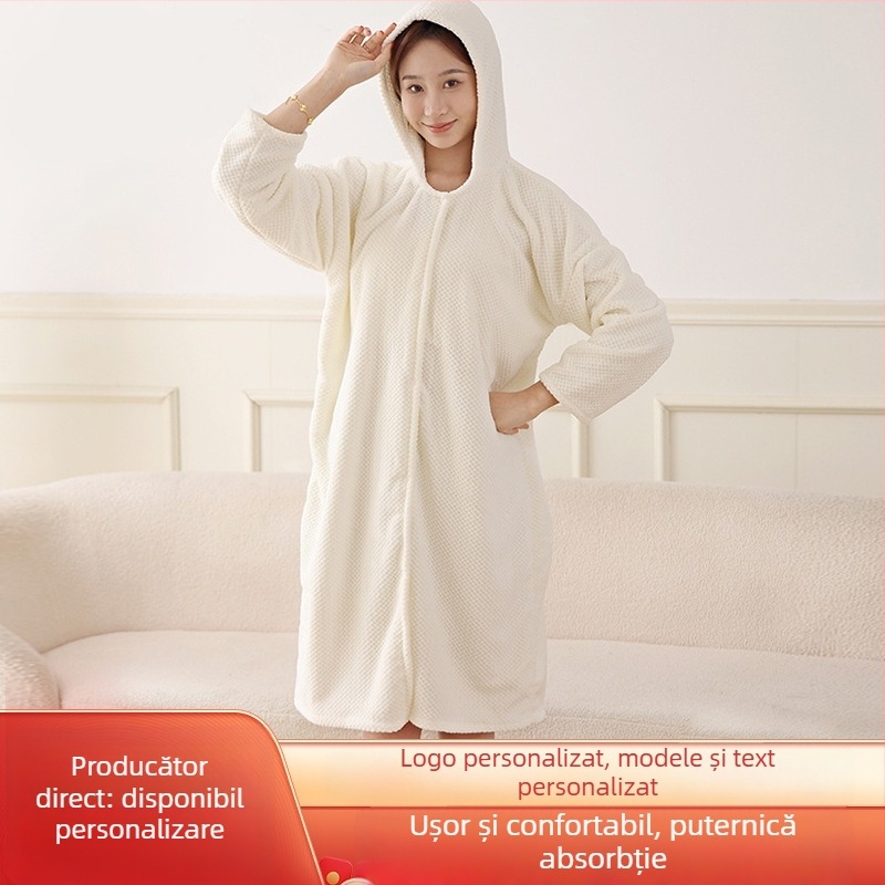 Halat de baie cu glugă, lung, unisex, din microfibră de poliester, absorbant la apă și cu uscare rapidă, pentru iarnă