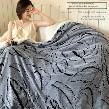Pătură dublu strat din poliester, model jacquard cu frunze — iarnă, 350 g, deformare 2–4%