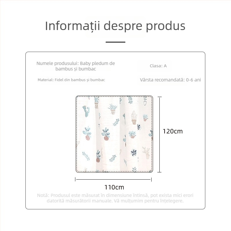 Pătură pentru înfășat bebeluș – din bumbac + fibră regenerată, fir 40s, cusătură/imprimare/țesătură plată, 200–300 g, Procesare personalizabilă