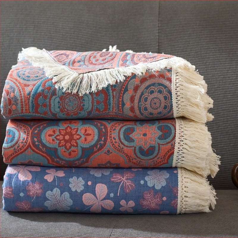 Pătură Nordic cu trei straturi, din bumbac și in, cu model plante și flori, 1500–1999 g