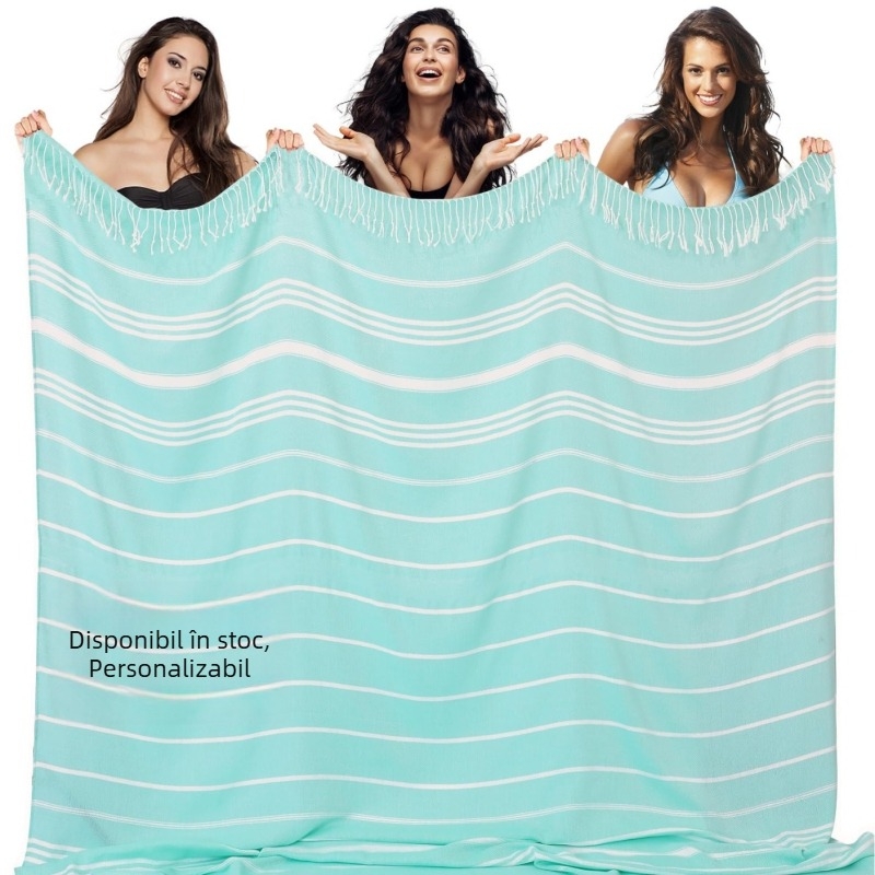 Prosop de plajă turcesc cu ciucuri — microfibră, 200–300 g, 16 fire, țesătură simplă, personalizare disponibilă