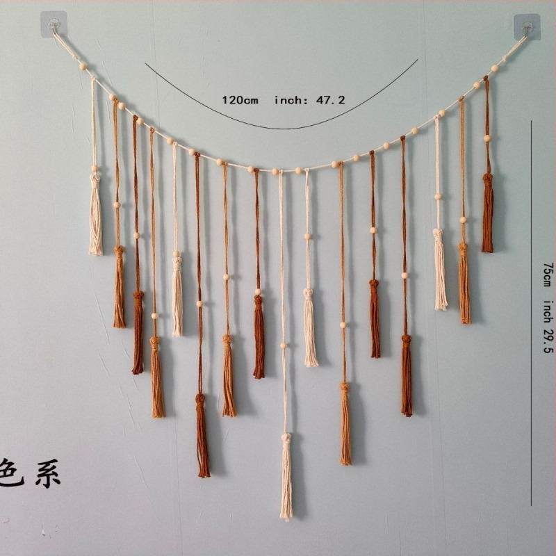 Tapiserie pentru perete cu fotografii, stil nordic, sfoară de bumbac, țesut manual cu mărgele din lemn, model frunze, ciucuri