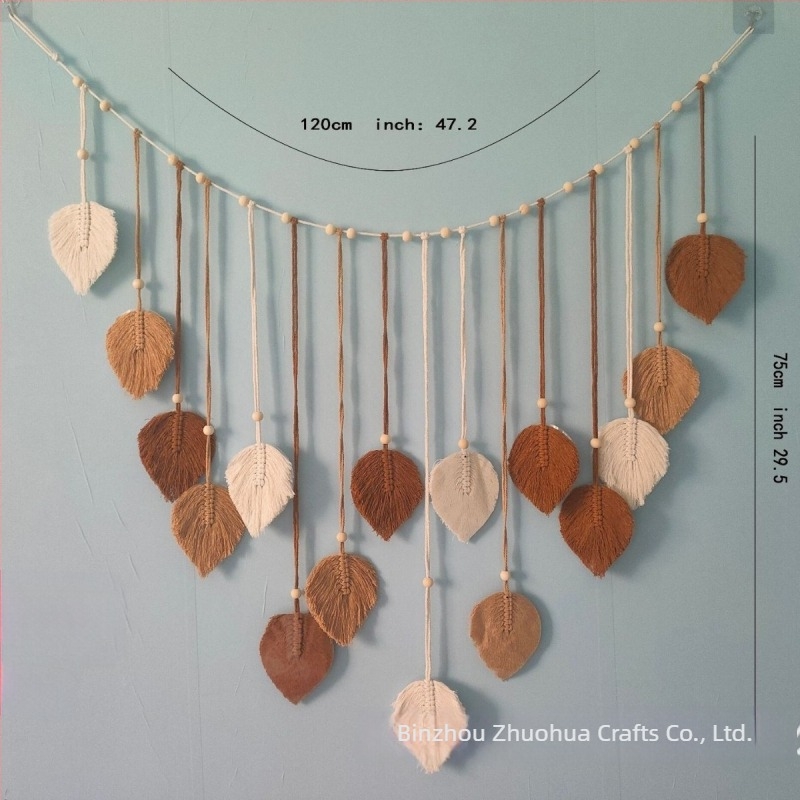 Tapiserie pentru perete cu fotografii, stil nordic, sfoară de bumbac, țesut manual cu mărgele din lemn, model frunze, ciucuri