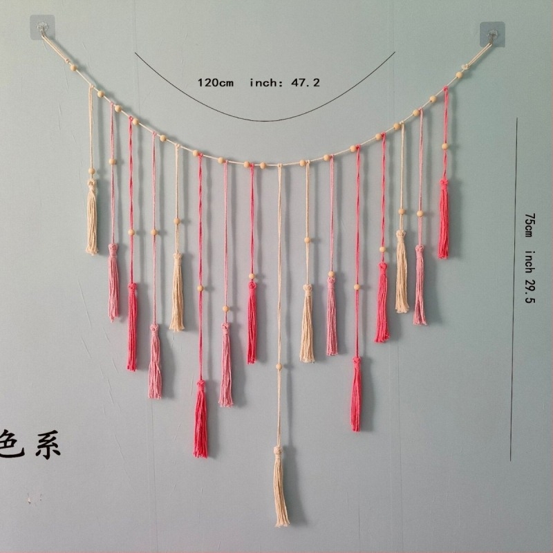 Tapiserie pentru perete cu fotografii, stil nordic, sfoară de bumbac, țesut manual cu mărgele din lemn, model frunze, ciucuri