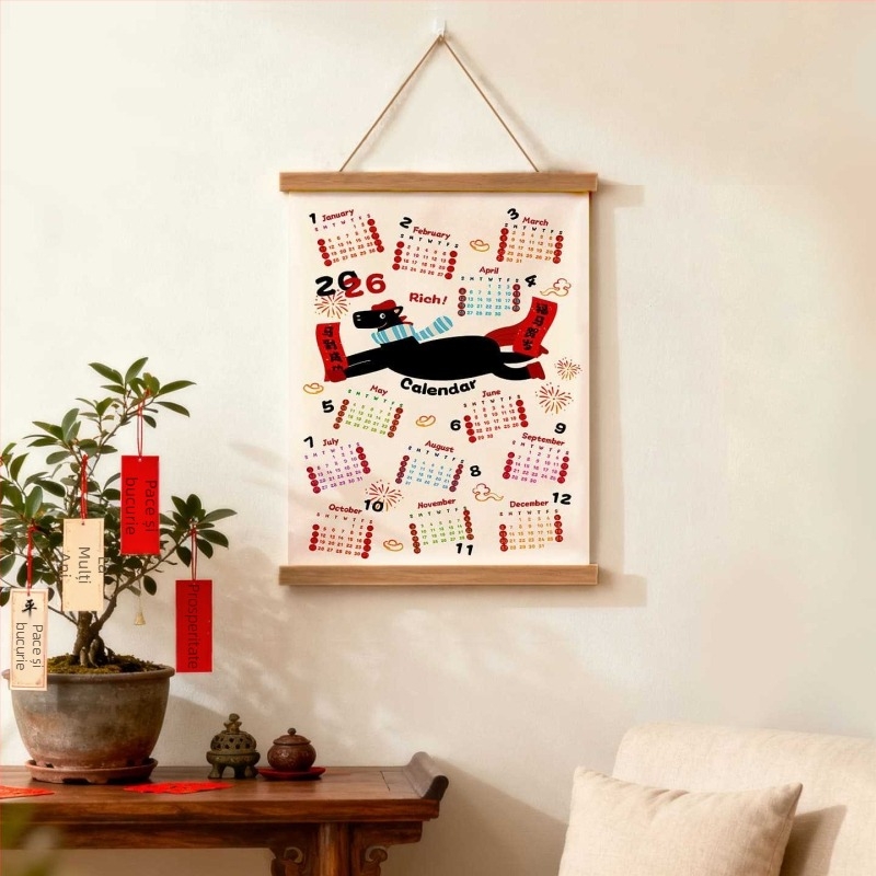 Tapiserie calendar de perete: stil modern minimalist, model desen animat, potrivit pentru sufragerie, dormitor, exterior