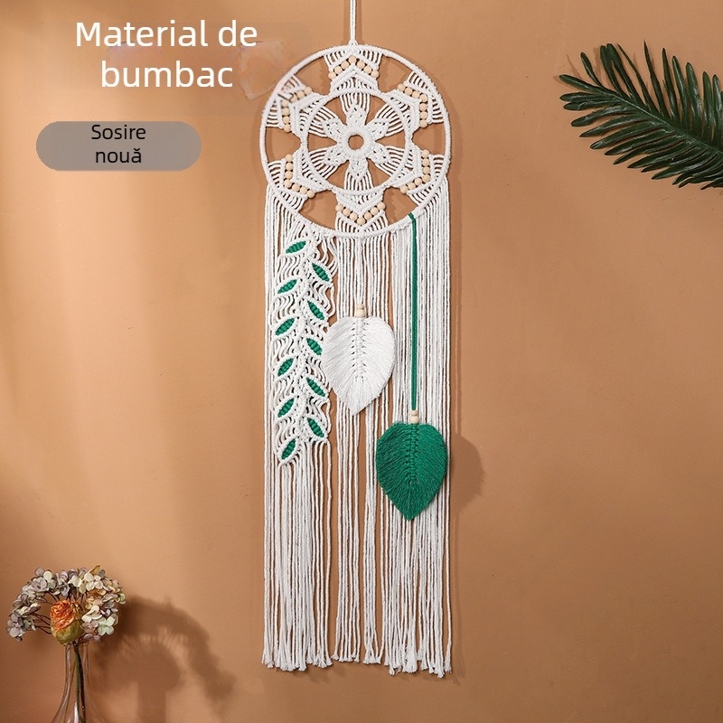 Tapiserie nordică boemă cu frunză, suport de perete lucrat manual din bumbac, formă dreptunghiulară, decor pentru living, conținut bumbac 80–90%