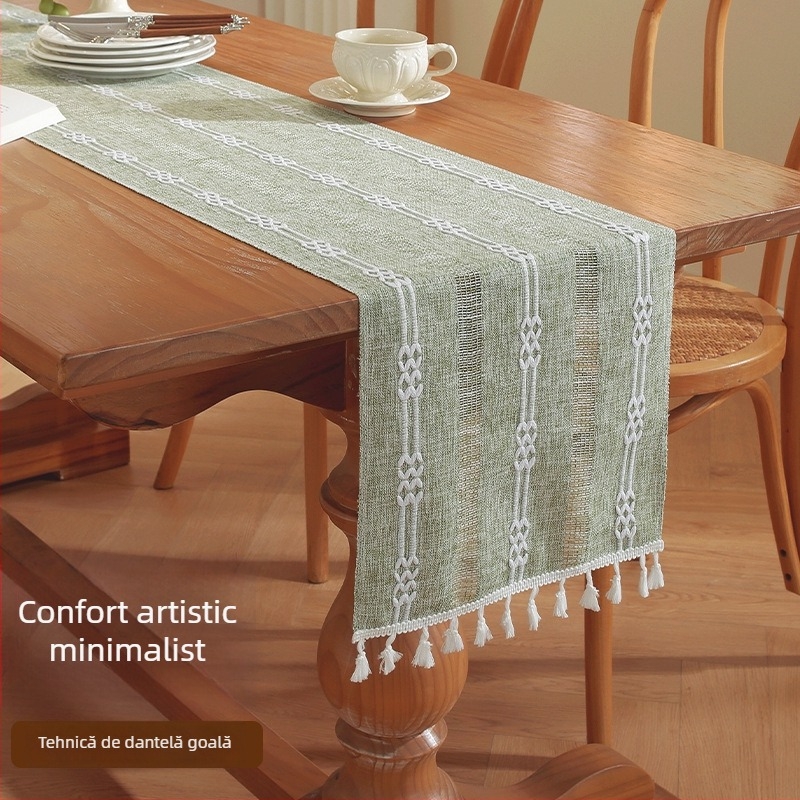 Yingchuang Table Flag — Runner de masă din in cu model în dungi, 100% poliester