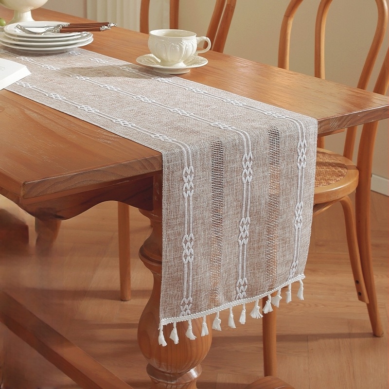 Yingchuang Table Flag — Runner de masă din in cu model în dungi, 100% poliester