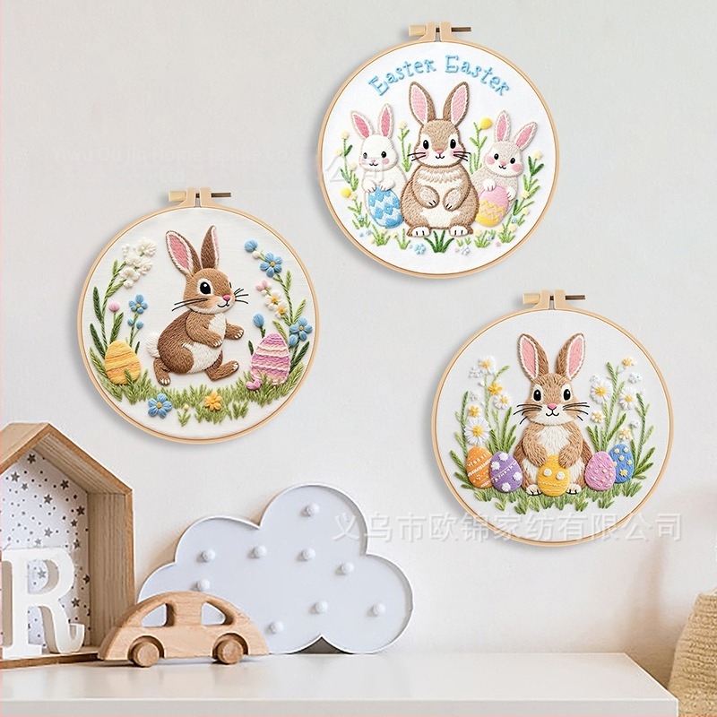 Kit de broderie cu iepure în stil pastoral, țesătură din bumbac, pentru cusut DIY