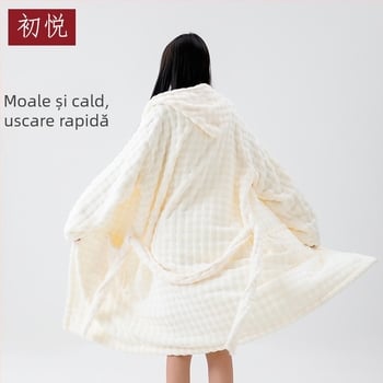 Chuyue halat de baie cu glugă pentru femei, fleece coral, mâneci lungi, purtabil ca prosop de baie, pentru acasă, căldură de iarnă, grosime îmbunătățită