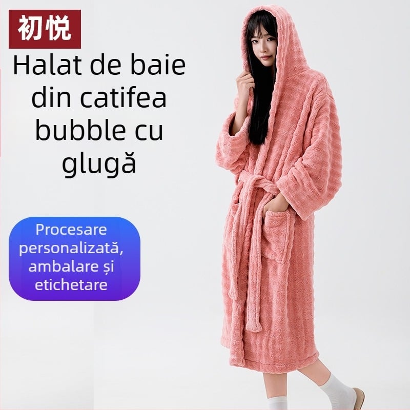 Chuyue halat de baie cu glugă pentru femei, fleece coral, mâneci lungi, purtabil ca prosop de baie, pentru acasă, căldură de iarnă, grosime îmbunătățită