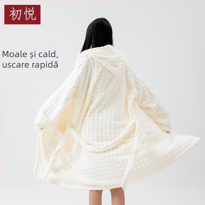 Chuyue halat de baie cu glugă pentru femei, fleece coral, mâneci lungi, purtabil ca prosop de baie, pentru acasă, căldură de iarnă, grosime îmbunătățită