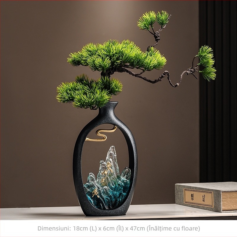 Vază decorativă în stil nou chinezesc cu pin de întâmpinare, din rășină, lucrată manual, cadou pentru casa nouă, potrivită pentru living, hol, comodă TV și birou