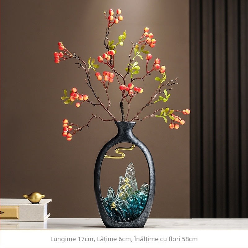 Vază decorativă în stil nou chinezesc cu pin de întâmpinare, din rășină, lucrată manual, cadou pentru casa nouă, potrivită pentru living, hol, comodă TV și birou