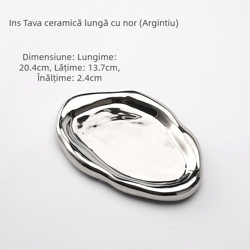 Tavă ceramică cu motiv nor pentru depozitare bijuterii și expoziție aromaterapie, suport pentru chei în hol (Material: Ceramică; Personalizare: Da; Suprafață: Electroplacare, Glazură)