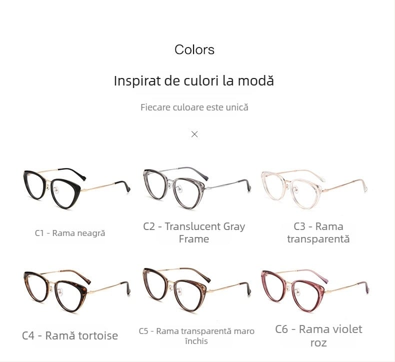 Ochelari cat-eye pentru miopie cu acoperire anti-lumină albastră, ramă TR90+metal, model F-71028, ramă reglabilă.