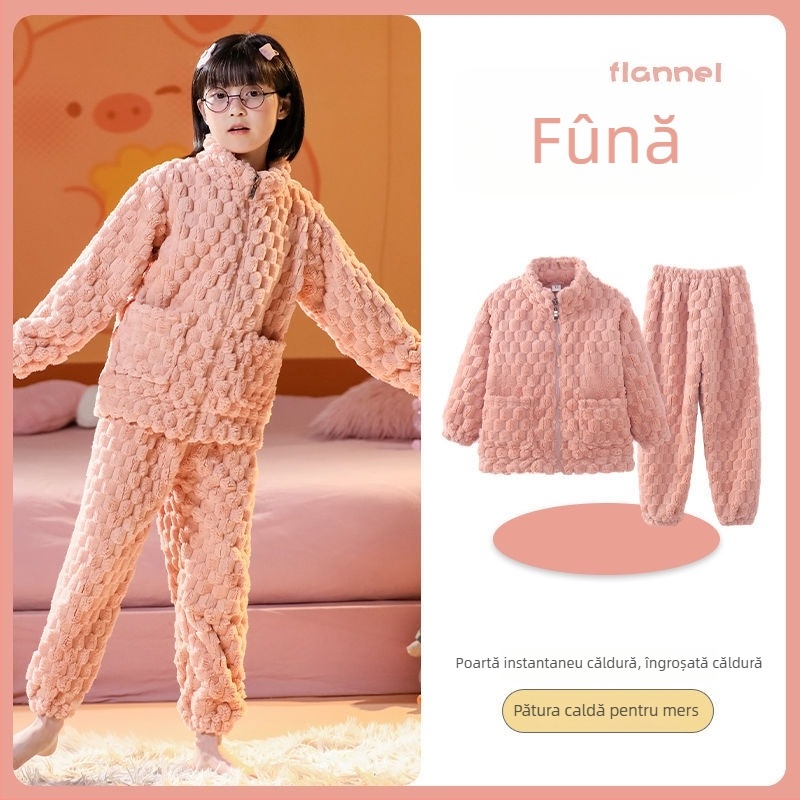 Set de flanel pentru copii, cu fermoar, dungi, 95% poliester, mâneci lungi, uscare rapidă