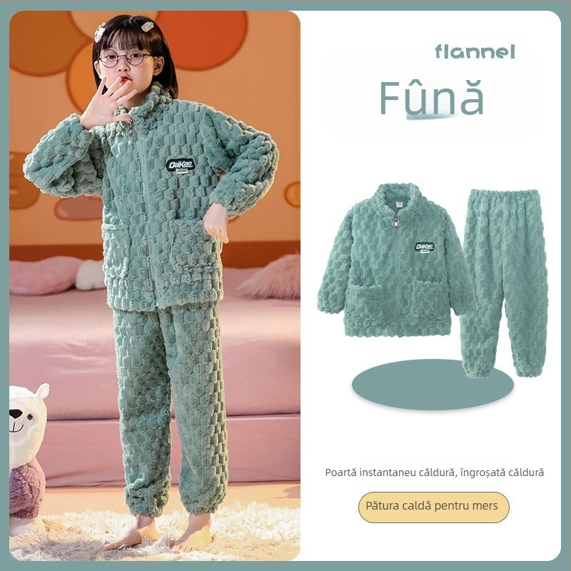 Set de flanel pentru copii, cu fermoar, dungi, 95% poliester, mâneci lungi, uscare rapidă