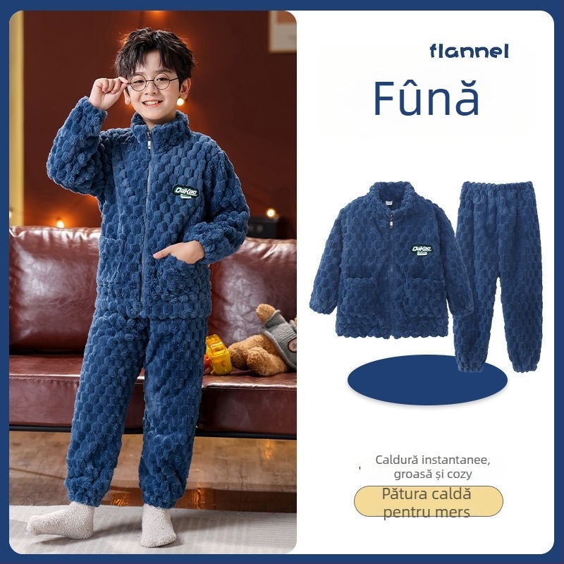Set de flanel pentru copii, cu fermoar, dungi, 95% poliester, mâneci lungi, uscare rapidă