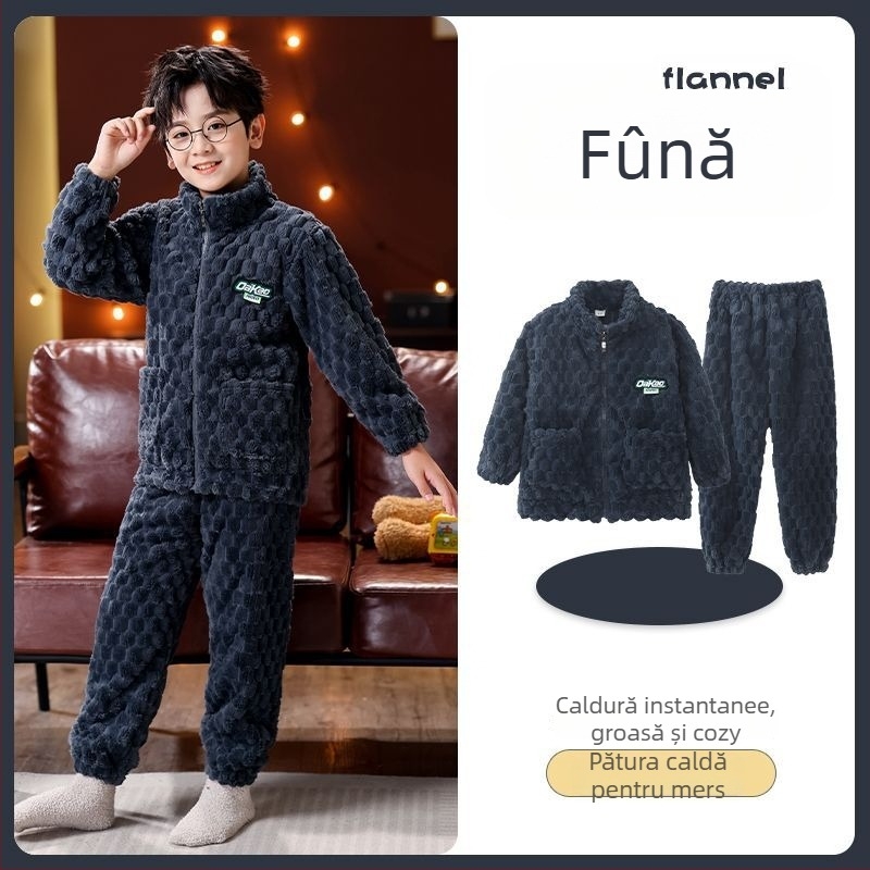 Set de flanel pentru copii, cu fermoar, dungi, 95% poliester, mâneci lungi, uscare rapidă