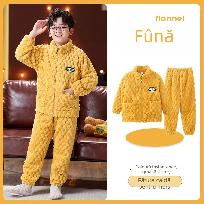 Set de flanel pentru copii, cu fermoar, dungi, 95% poliester, mâneci lungi, uscare rapidă