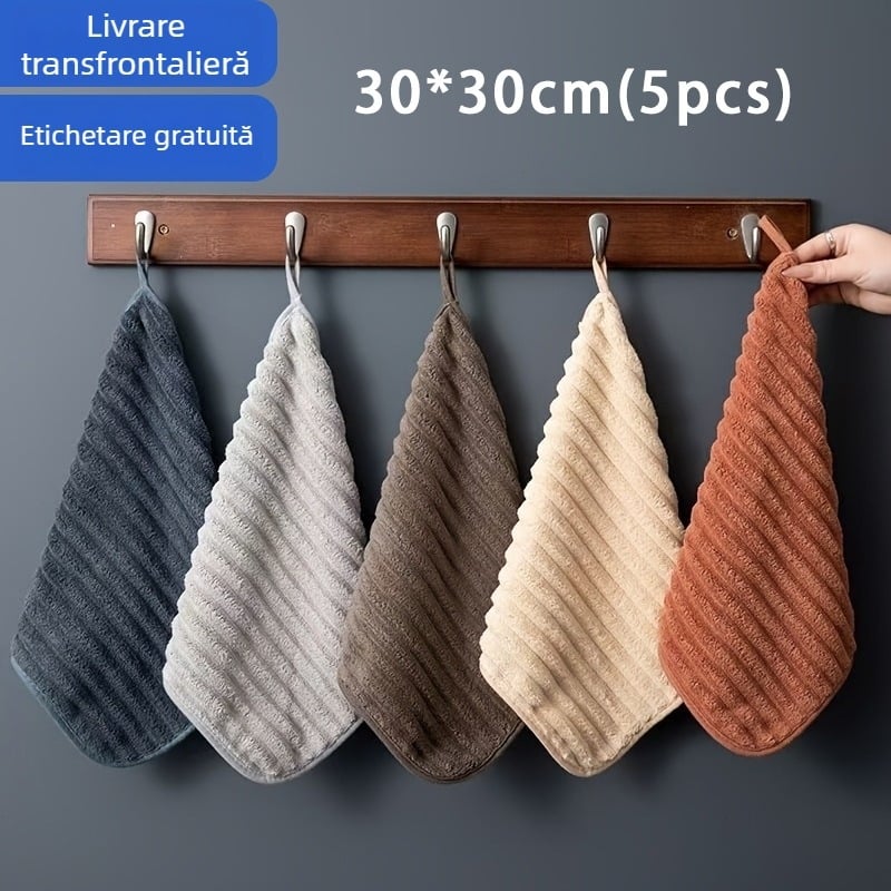Set de 5 prosoape de mână din velur coral, prosoape mici, pătrate, cu cârlig pentru agățare, pentru bucătărie și baie