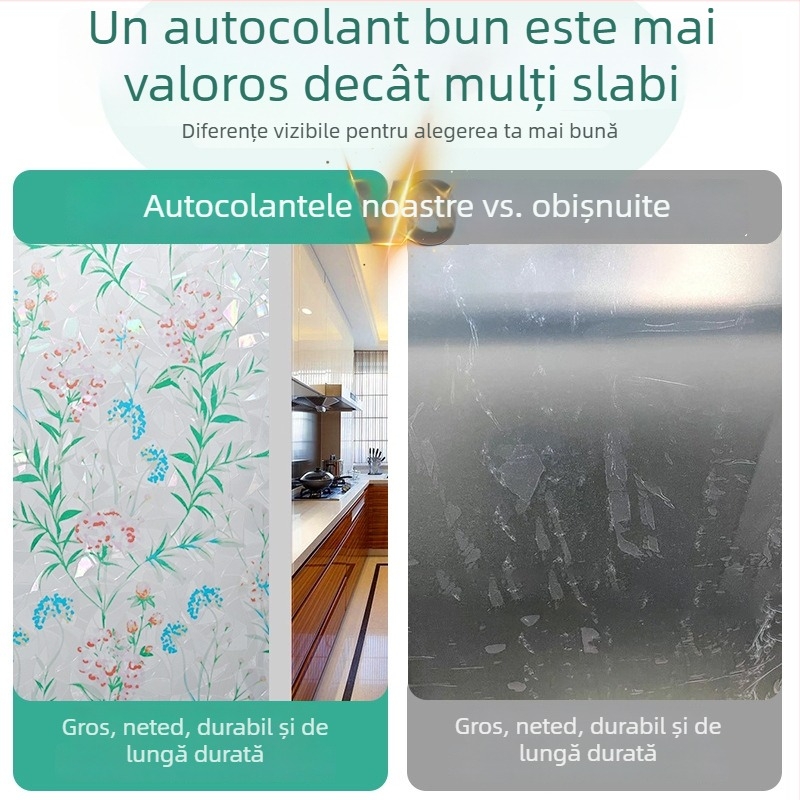 Film static pentru sticlă cu model floral, folie de geam mată pentru intimitate și izolație termică