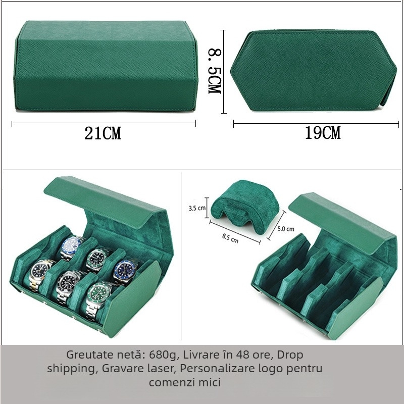 Cutie de depozitare pentru ceasuri mecanice din piele de vită, model încrucișat, șase compartimente, portabilă