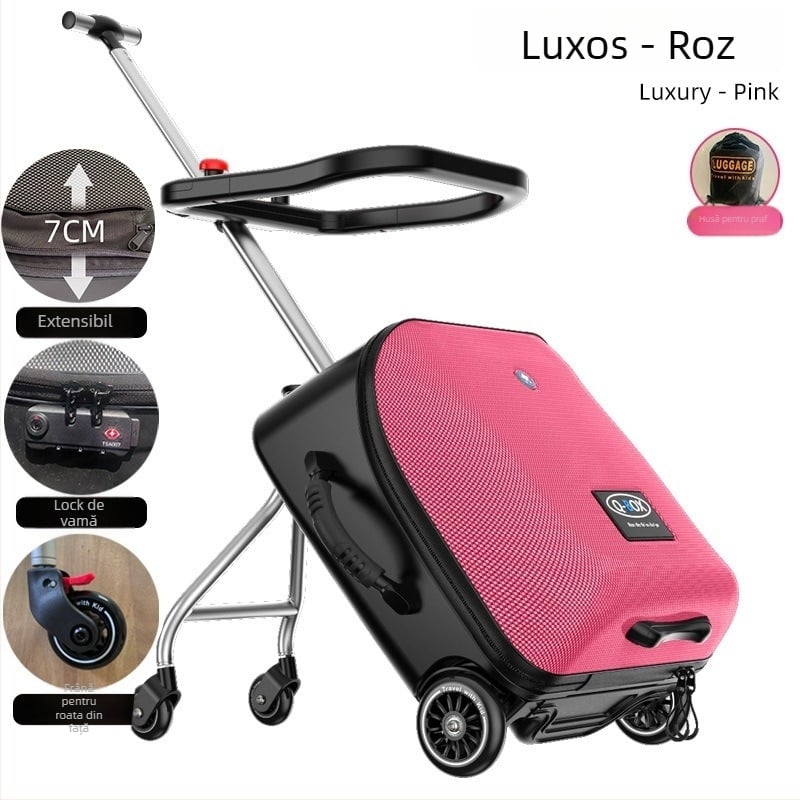 QBOX bagaj pentru copii cu șezut – deschidere cu fermoar, lacăt TSA cu combinație, PC material, roți universale, 4,5 kg
