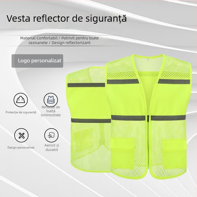 Vestă reflectorizantă de siguranță pentru voluntari, croială Slim, 100% poliester, model cu dungi, glugă detașabilă