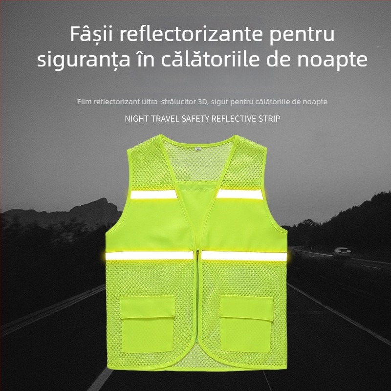 Vestă reflectorizantă de siguranță pentru voluntari, croială Slim, 100% poliester, model cu dungi, glugă detașabilă