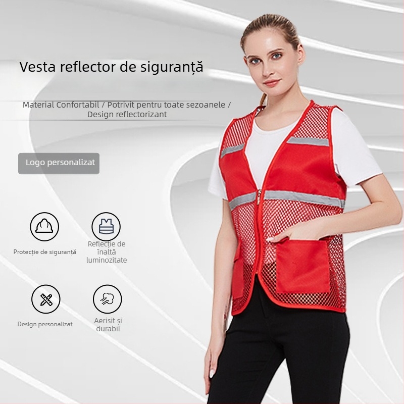 Vestă reflectorizantă de siguranță pentru voluntari, croială Slim, 100% poliester, model cu dungi, glugă detașabilă