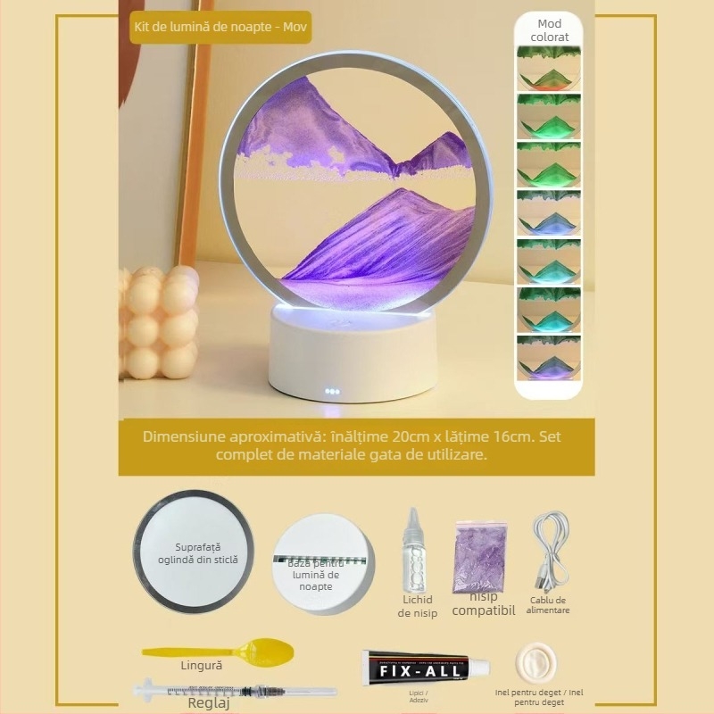 Lumină de noapte cu pictură în nisip — kit DIY din sticlă, producție semi-artizanală, suprafață lustruită, decor abstract modern pentru living