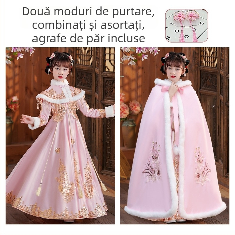 Rochie pentru fete în stil Tang cu pelerină groasă, iarnă 2025, poliester tratat moale, pentru copii peste 8 ani