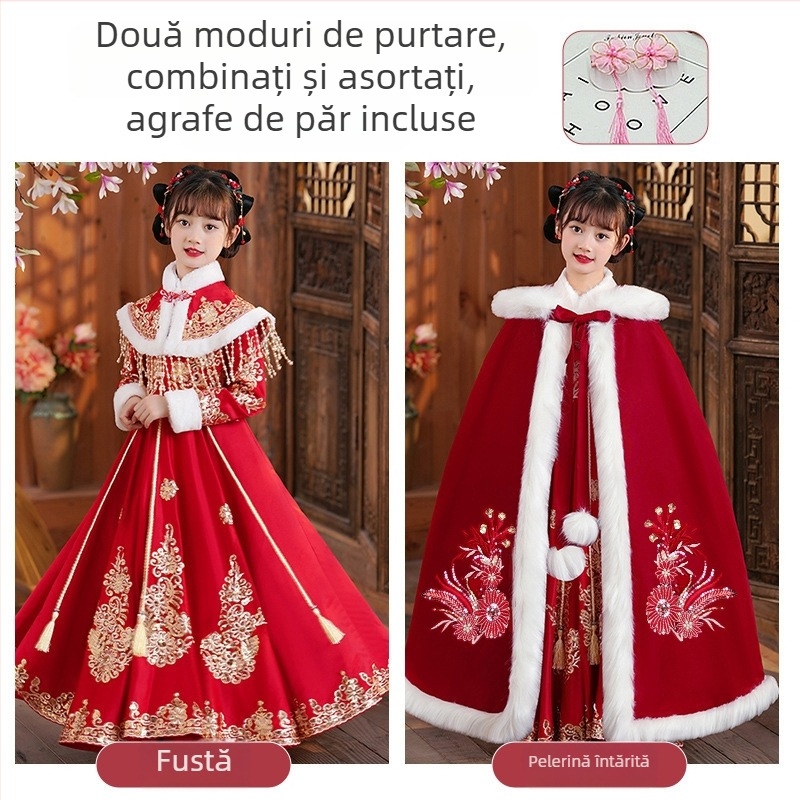 Rochie pentru fete în stil Tang cu pelerină groasă, iarnă 2025, poliester tratat moale, pentru copii peste 8 ani