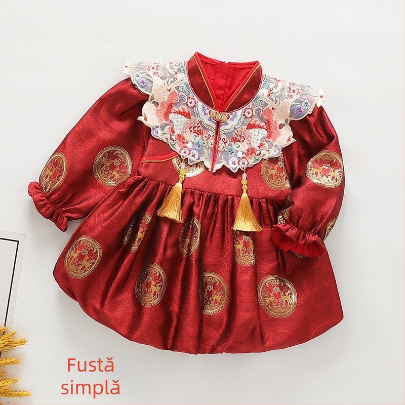Rochie pentru copii în stil chinezesc Tang pentru primul lor aniversar — model koi, căptușeală din fleece, țesătură din celuloză regenerată, lansare toamnă 2025, potrivită pentru vârsta 1–3 ani