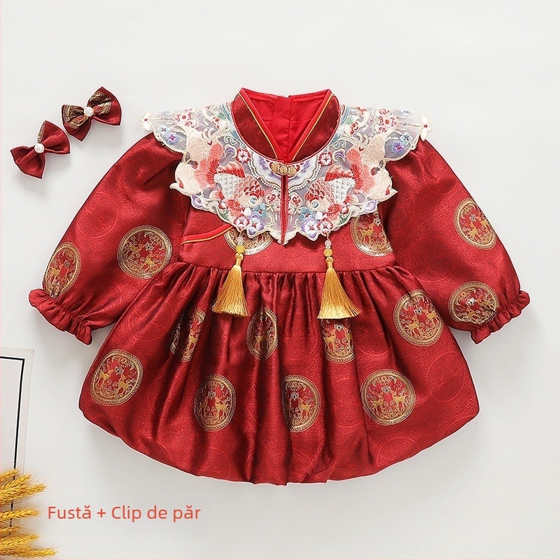 Rochie pentru copii în stil chinezesc Tang pentru primul lor aniversar — model koi, căptușeală din fleece, țesătură din celuloză regenerată, lansare toamnă 2025, potrivită pentru vârsta 1–3 ani