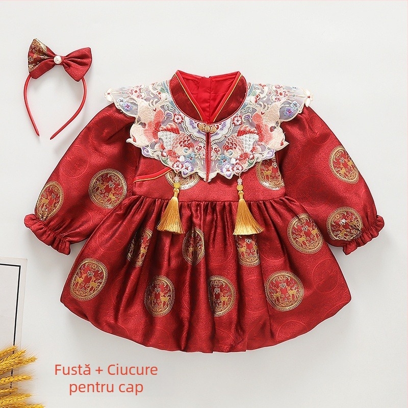 Rochie pentru copii în stil chinezesc Tang pentru primul lor aniversar — model koi, căptușeală din fleece, țesătură din celuloză regenerată, lansare toamnă 2025, potrivită pentru vârsta 1–3 ani