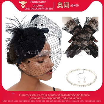 Set retro de mireasă pentru păr cu pene și plasă de voal, cercei și mănuși — lucrat manual, pentru femei, 5463 seturi