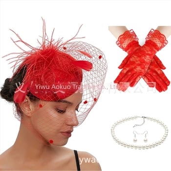 Set retro de mireasă pentru păr cu pene și plasă de voal, cercei și mănuși — lucrat manual, pentru femei, 5463 seturi