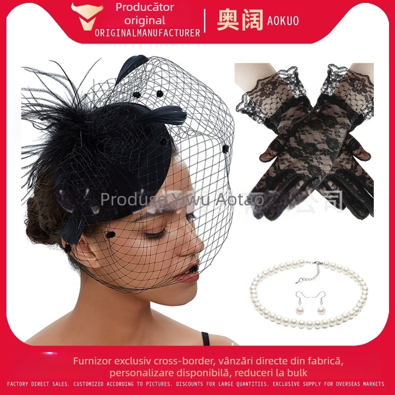 Set retro de mireasă pentru păr cu pene și plasă de voal, cercei și mănuși — lucrat manual, pentru femei, 5463 seturi